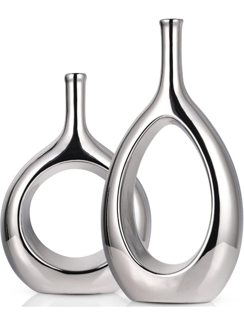 Modern Minimalist Glossy Silver Ceramic Vase - Hollow Circle Decorative Home